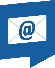 White envelope icon with blue at symbol on a blue background.