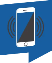 Illustration of a white smartphone with vibration lines on a blue background.