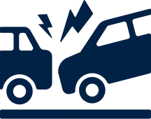 Illustration of a two-vehicle frontal collision with impact lines.