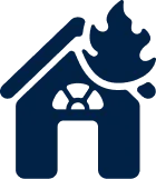Icon of a dark blue house with a chimney and a flame symbol above the roof.
