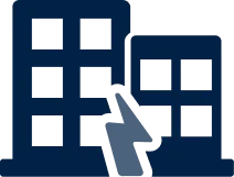 Silhouette of two buildings with a hand cursor icon pointing at them against a dark background.
