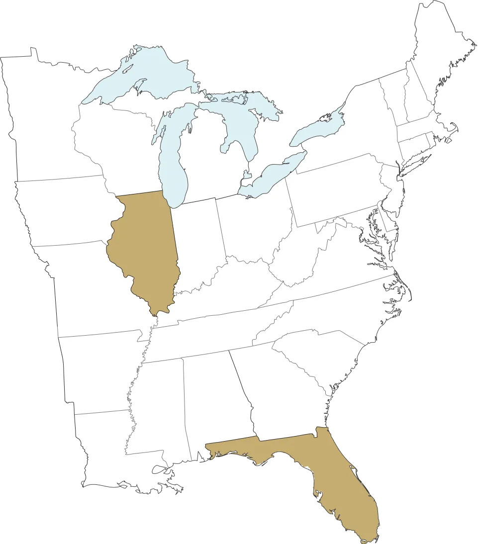 Map of the eastern and central United States with Illinois and Florida highlighted in brown.