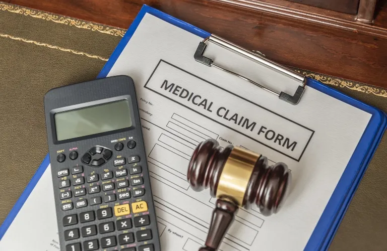 Calculator and wooden gavel placed on a medical claim form on a blue clipboard.