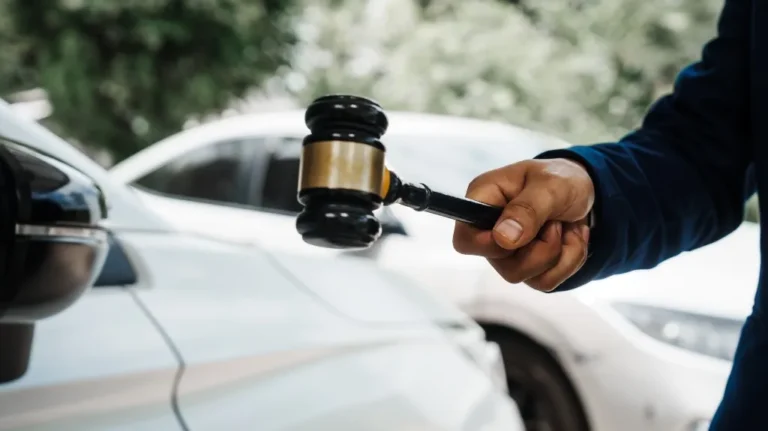 Close-up of a hand holding a black and gold auction gavel near white cars in an outdoor setting.
